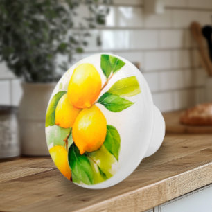 Watercolor Lemons and Green Leaves Ceramic Knob