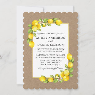 Watercolor Lemons and Greenery Wedding Kraft Invitation
