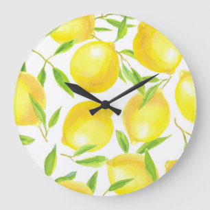 Watercolor lemons and leaves: pattern. large clock