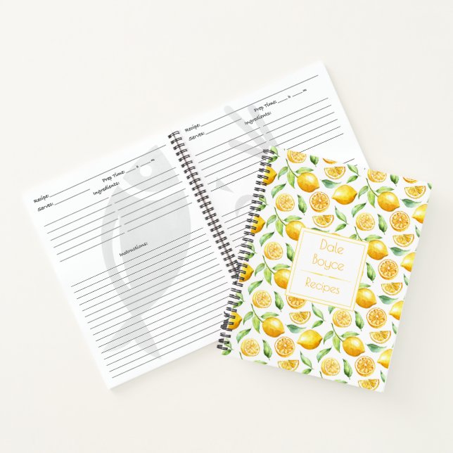 Watercolor Lemons and Leaves Recipe Book #2 (Inside)