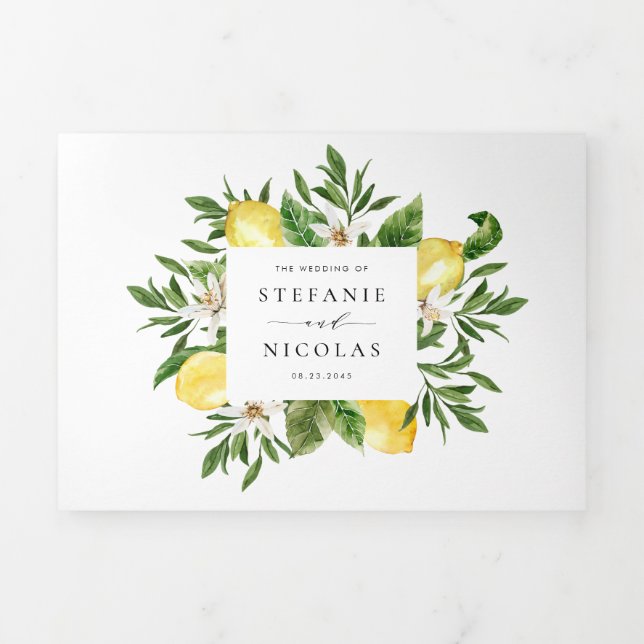 Watercolor Lemons and Lemon Blossoms Wedding Tri-Fold Invitation (Cover)