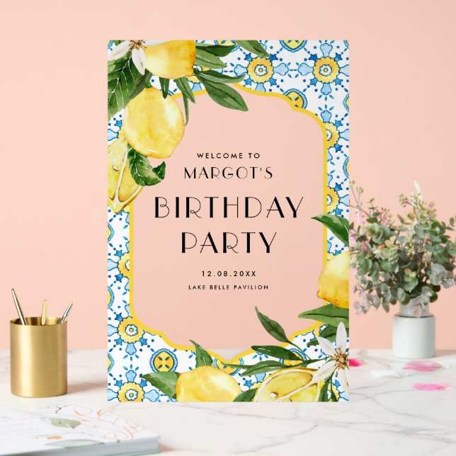 Watercolor Lemons and Moroccan Tile Birthday Acrylic Sign (Wedding)