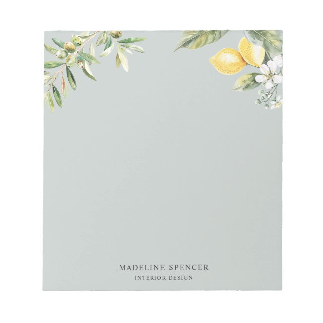 Watercolor Lemons and Olives Sage Green Notepad (Front)