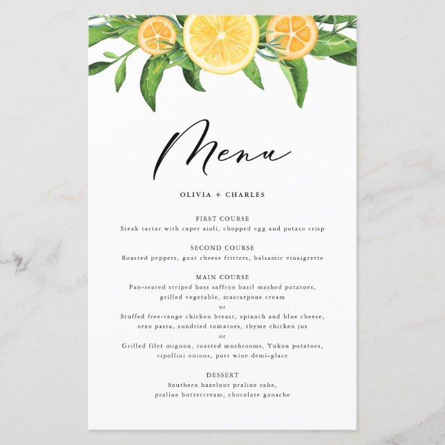 Watercolor Lemons and Oranges Citrus Menu Card (Front)