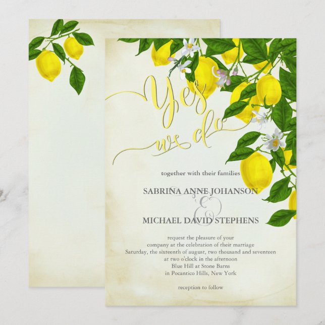 Watercolor Lemons  Blossoms and Greenery Wedding Invitation (Front/Back)