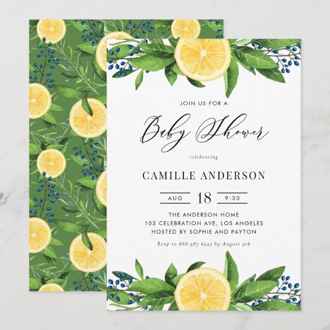Watercolor Lemons Blue Berries Summer Baby Shower Invitation (Front/Back)