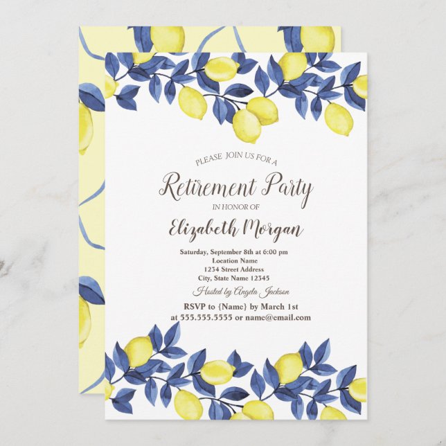 Watercolor Lemons Blue Mediterranean Retirement Invitation (Front/Back)