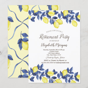 Watercolor Lemons Blue Mediterranean Retirement Invitation