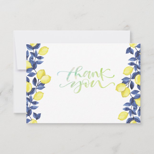 Watercolor Lemons Blue Mediterranean  Thank You Card (Front)