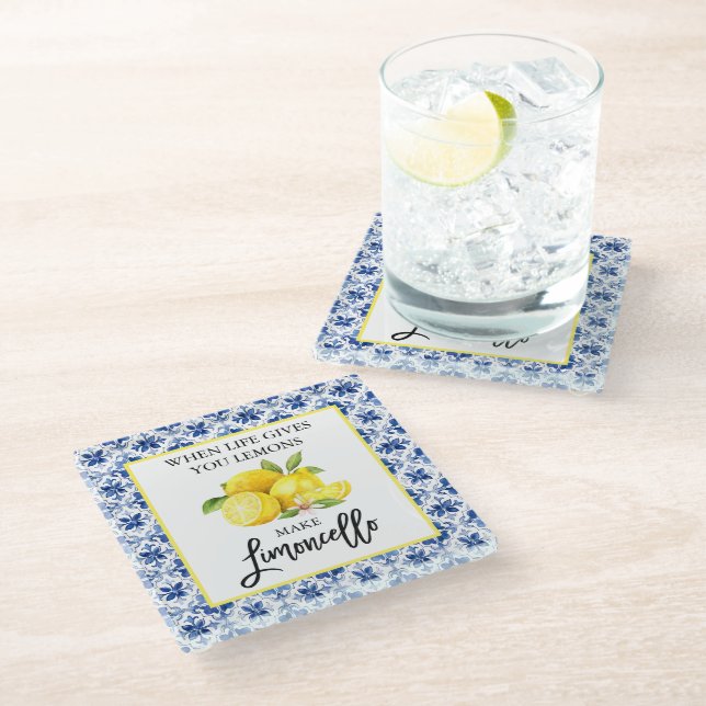 Watercolor Lemons Blue Tile Limoncello Glass Coaster (Angled)