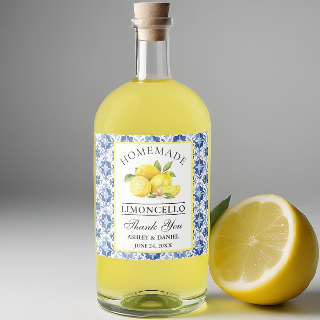 Watercolor Lemons Blue Tile Limoncello Liquor Bottle Label (Customize to change text size, color or text style.)