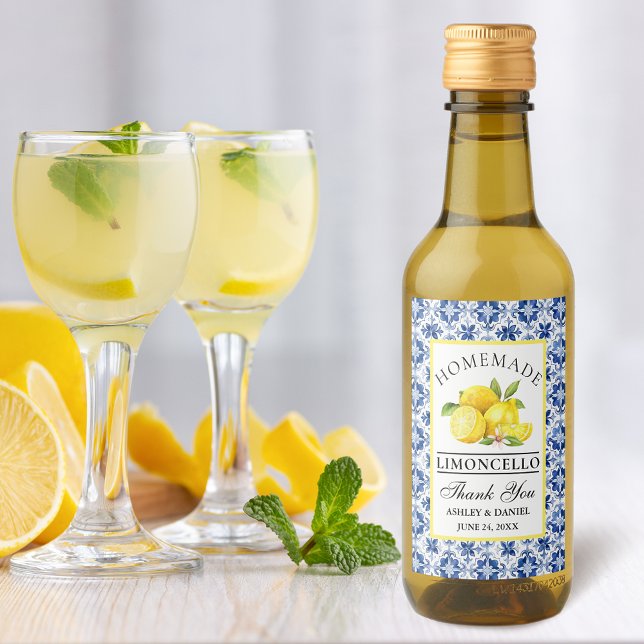 Watercolor Lemons Blue Tile Limoncello Mini Labels (Customize to change text size, color or text style.)