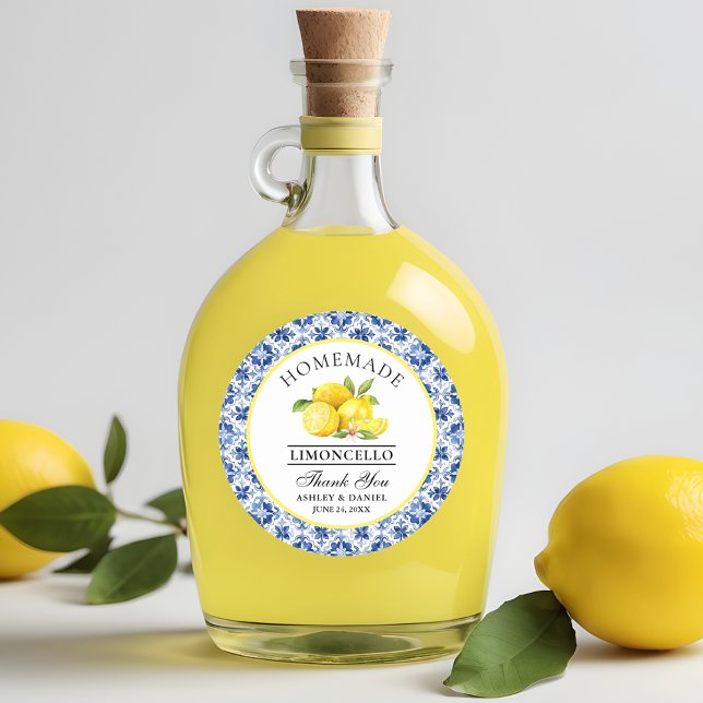 Watercolor Lemons Blue Tile Limoncello Thanks Classic Round Sticker (Customize to change text size, color or text style.)