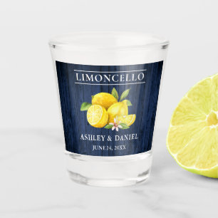 Watercolor Lemons Blue Wood Wedding Limoncello Shot Glass