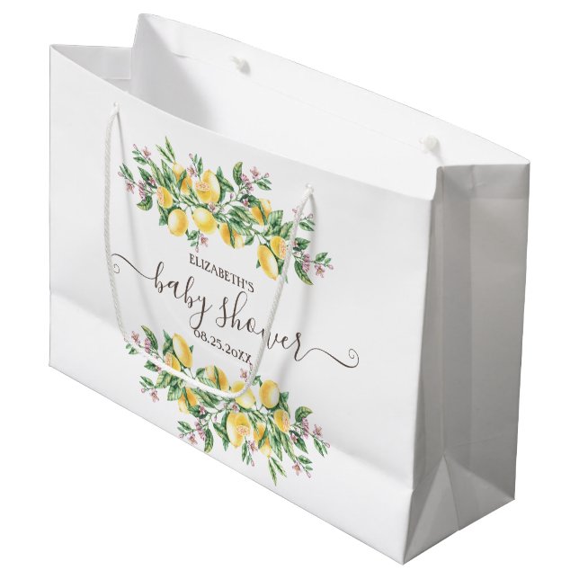 Watercolor Lemons Botanical Flowers Baby Shower Large Gift Bag (Front Angled)