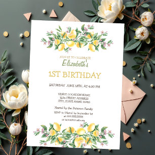 Watercolor Lemons Botanical Flowers Birthday Invitation