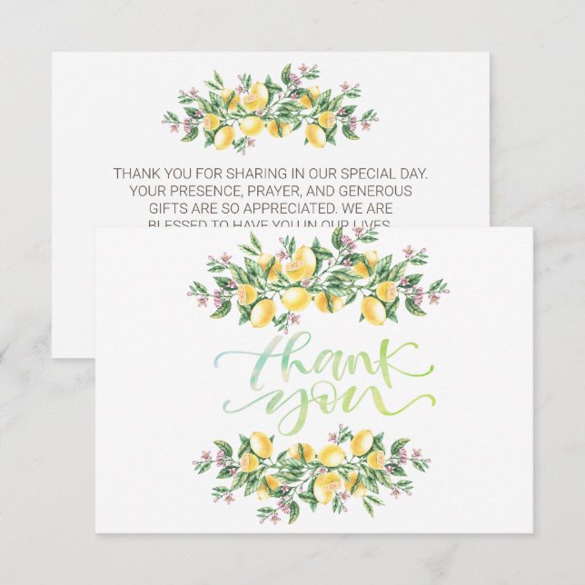 Watercolor Lemons Botanical Flowers Thank You Card (Front/Back)