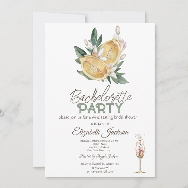 Watercolor Lemons Botanical Glass Bachelorette   Invitation (Front)