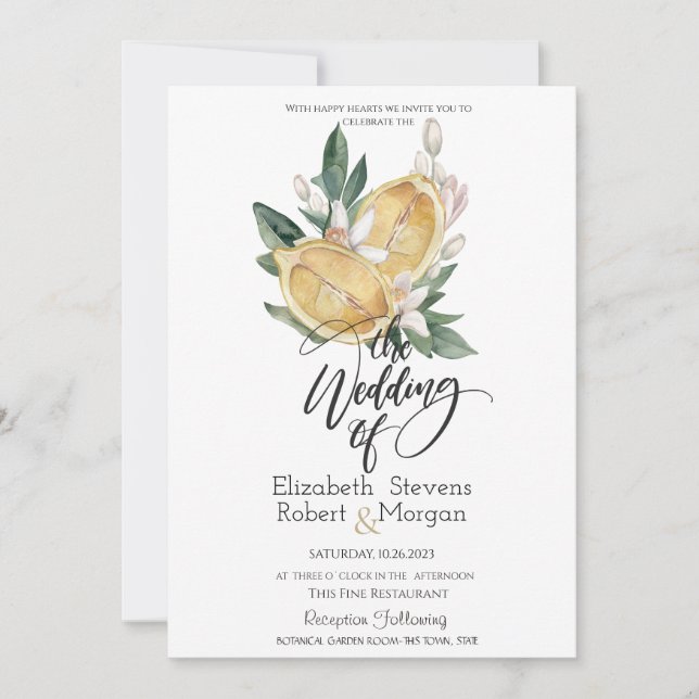 Watercolor Lemons Botanical Wedding Invitation (Front)
