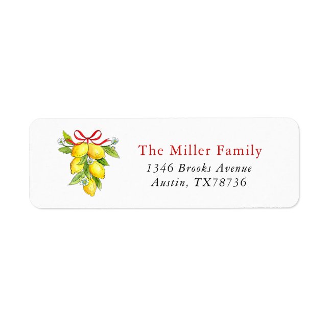 Watercolor Lemons & Bow Holiday address Label (Front)