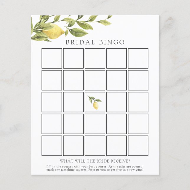 Watercolor Lemons Bridal Bingo Game Card (Front)