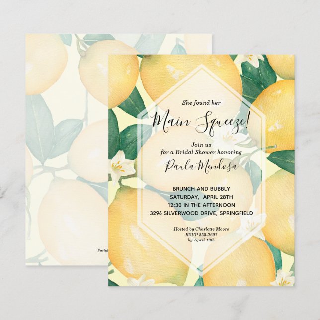 Watercolor Lemons Bridal Shower Invitations (Front/Back)