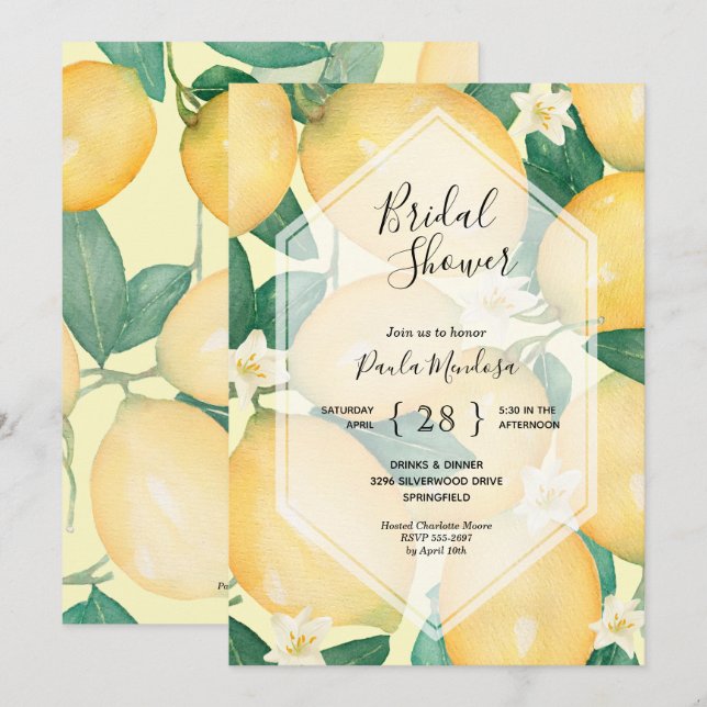 Watercolor Lemons Bridal Shower Invitations (Front/Back)
