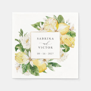 Watercolor Lemons Citrus Greenery Blossom Wedding Napkin