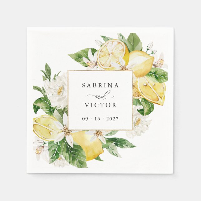 Watercolor Lemons Citrus Greenery Blossom Wedding Napkin (Front)