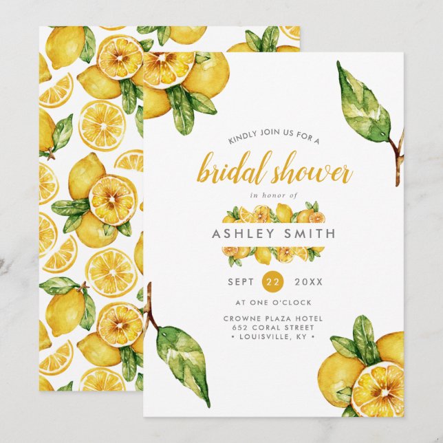 Watercolor Lemons Citrus Modern Bridal Shower Invitation (Front/Back)