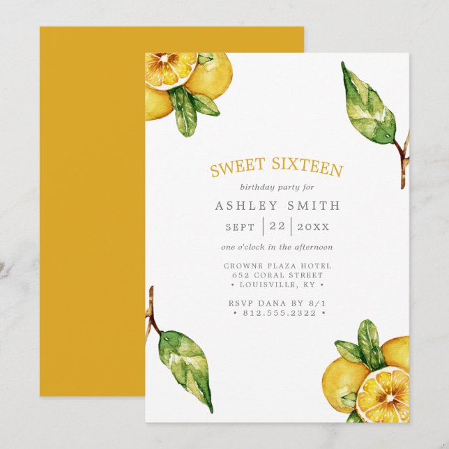 Watercolor Lemons Citrus Modern Sweet 16 Invitation (Front/Back)