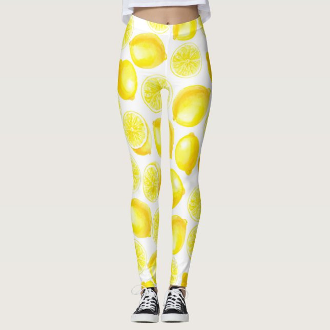 Watercolor lemons design leggings (Front)
