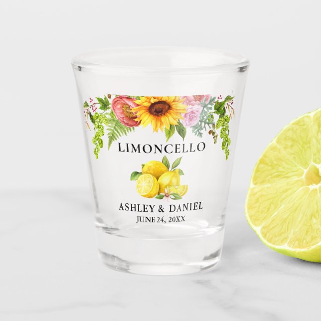 Watercolor Lemons Floral Wedding Limoncello Shot Glass (Front)