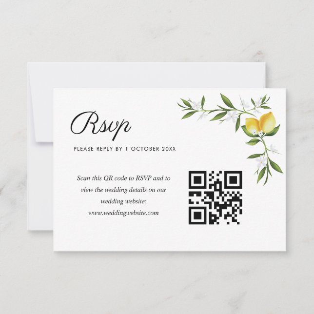 watercolor lemons floral wedding QR code rsvp card (Front)