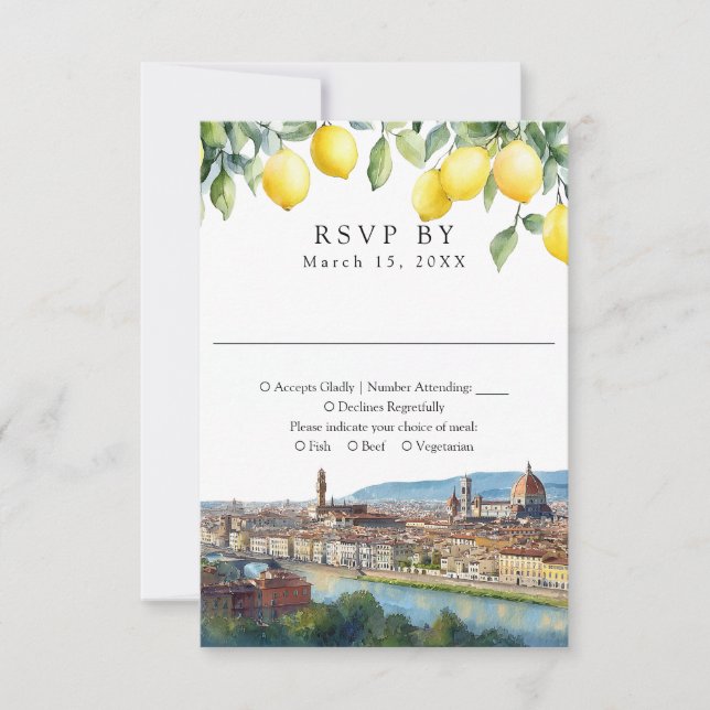 Watercolor Lemons Florence Tuscany Italy Wedding RSVP Card (Front)
