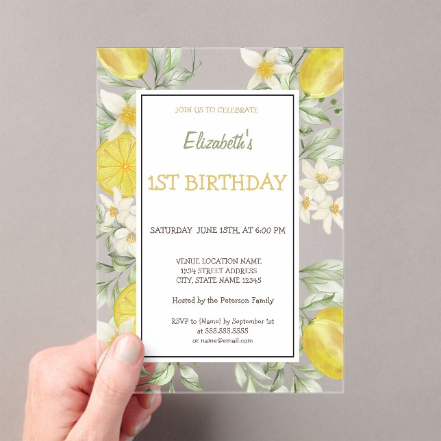 Watercolor Lemons Flowers Birthday  Acrylic Invitations (Insitu (Handheld))