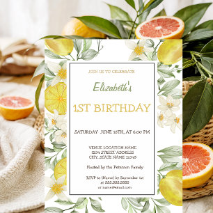Watercolor Lemons Flowers Birthday  Invitation