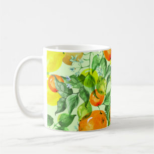 Watercolor lemons, flowers, citrus pattern. coffee mug