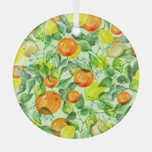 Watercolor lemons, flowers, citrus pattern. glass tree decoration
