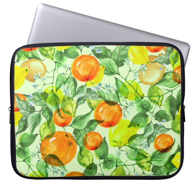 Watercolor lemons, flowers, citrus pattern. laptop sleeve (Front)