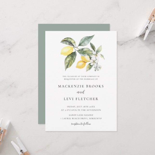 Watercolor Lemons Foliage Mediterranean Wedding Invitation (Front/Back In Situ)