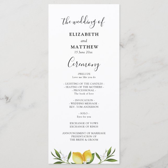 Watercolor lemons foliage wedding program programme (Front)