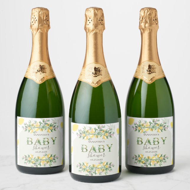 Watercolor Lemons Frame Baby Shower   Sparkling Wine Label (Bottles)