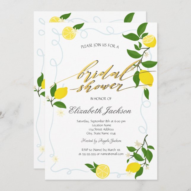 Watercolor Lemons Frame Bridal Shower  Invitation (Front/Back)