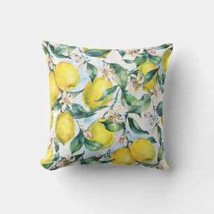 Watercolor lemons, fresh citrus branch. cushion