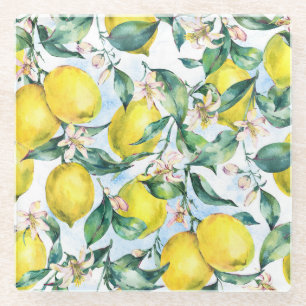 Watercolor lemons, fresh citrus branch. glass coaster