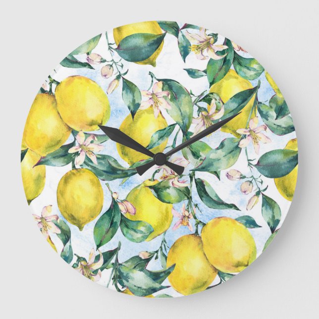 Watercolor lemons, fresh citrus branch. large clock (Front)