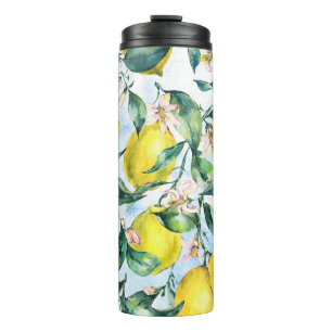 Watercolor lemons, fresh citrus branch. thermal tumbler
