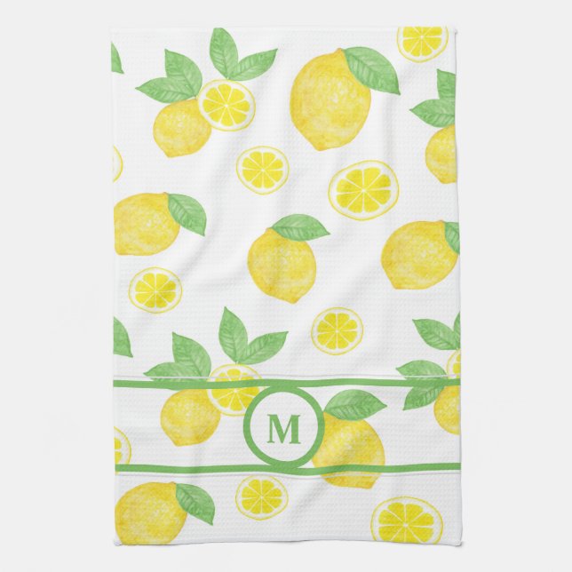 Watercolor lemons fresh yellow green personalised tea towel (Vertical)
