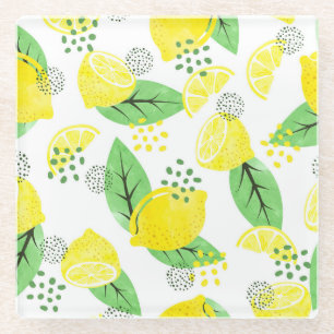 Watercolor Lemons: Fruitful Seamless Design Glass Coaster